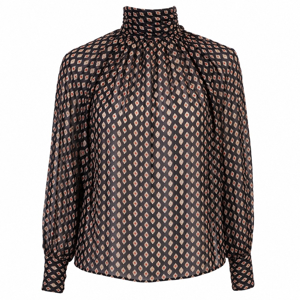 Vintage‎ Tess Paris Milano High Neck Sheer Blouse Black Geometric Print Size 10